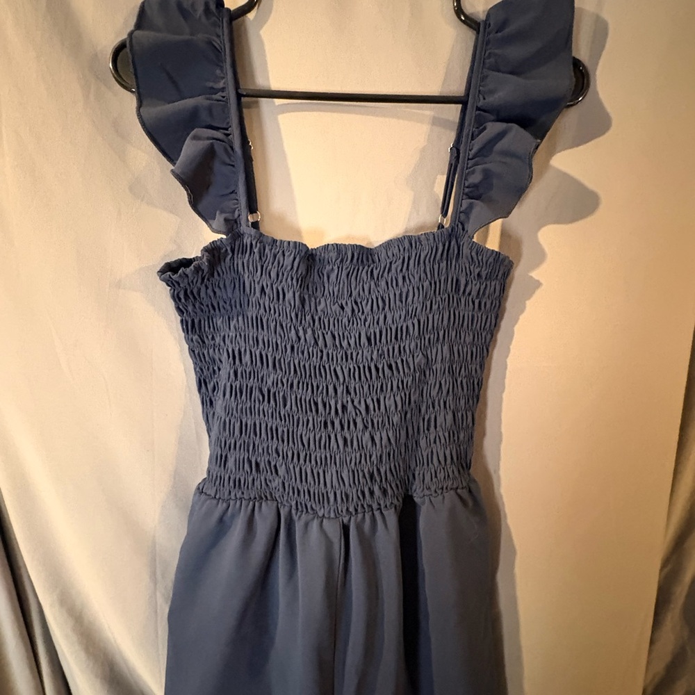 Blue Smocked Ruffle Strap Jumpsuit 100% Polyester Sleeveless Women's Size M